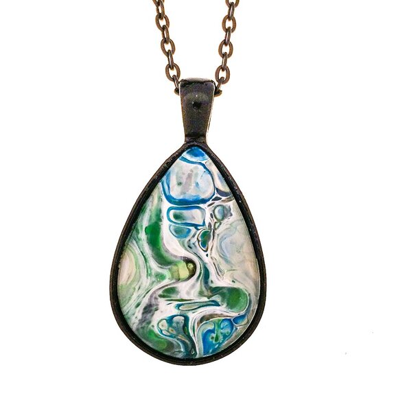 Handmade Oval Pendant in Swirls of Green & Blue - Picture 1 of 1